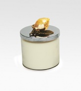 A vivid fragrance that celebrates the herbal and grassy heart of citrus with rich base notes of precious wood, sage, cardamom and clove. The glass jar is topped with a goldplated lemon on nickel-plated metal lid crafted by one of America's premier metalwork artists. From the Lemonwood CollectionSoy wax14.5 oz.5½H X 3¾ diam.Imported 