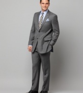 In sleek gray sharkskin, this Tommy Hilfiger suit gives your dress wardrobe an modern update.