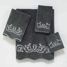 Luxurious sheared velour towel is embellished with a beautiful embroidered scroll motif. Finished with scalloped edge trimmed in coordinating silver. Luxurious sheared velour towel is embellished with a beautiful embroidered scroll motif. Finished with scalloped edge trimmed in coordinating silver.