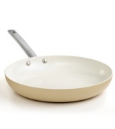 Embrace a healthier approach to prepping your favorite dishes. A ceramic nonstick interior and aluminum body promote low-fat to no-fat cooking with a quick release surface that evenly heats food and cleans up quick. The classic straight-sided shape keeps messes and spills inside the pan, and riveted stainless steel handles provide a secure, confident grip. Lifetime warranty.
