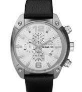 Nothing is black and white with this precise timepiece by Diesel. Crafted of black leather strap and round stainless steel and crystal-electroplated case. White textured chronograph dial features silver tone numerals at six and twelve o'clock, applied stick indices, three subdials with black printing, date window at three o'clock, luminous hands and logo. Quartz movement. Water resistant to 100 meters. Two-year limited warranty.
