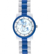Deep sea designs accent this biodegradable watch by Sprout. Blue and white corn resin bracelet and round case. Genuine mother-of-pearl dial features five diamond accents, black printed minute track, blue octopus design, three silver tone hands and logo. Quartz movement. Limited lifetime warranty.