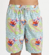A colorful tropical turtle print adorns these quick-dry trunks, complete with drawstring waist and back eyelets to avoid a ballooning effect.Drawstring elastic waistBack flap pocket with grip-tape closureMesh liningPolyamideMachine washImported
