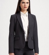 Notched collar and front flap pockets define this wool-rich, tailored design with a hint of stretch. Notched collar Front flap pockets One front button closure Fully lined 96% wool/4% Lycra Dry clean Made in USA of Italian fabric