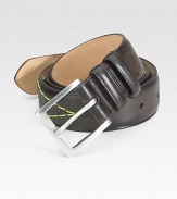 Rich, smooth leather is detailed with contrast stitching and a silvertone buckle.LeatherAbout 1¼ wideImported
