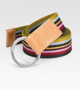 An eye-catching design of bold, multi-striped canvas and leather.PolyesterAbout 1¼ wideImported