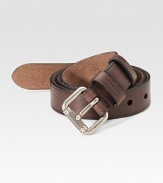 Smooth leather crafted in Italy with a steel roller logo buckle. About 1 wide Made in Italy
