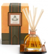The uplifting signature scent is a complex and subtle blend that permeates the air with addictive waves of clove, the zest of bitter orange and just a touch of cypress. Presented in Italian crystal perfume bottle and glass stopper 7.4 fl. oz. 20 eight-inch reeds Tray not included