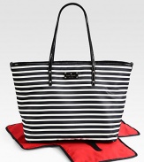 A chic, striped baby bag with matching changing pad that makes mommy look stylish and sophisticated.Double top handles, approximately 10 dropSpring clip strap top closeStroller clipsOne inside open pocketOne inside zip pocketBright, wipe-clean liningJersey-backed nylon with patent leather trim12½W X 14¾H X 7DImported