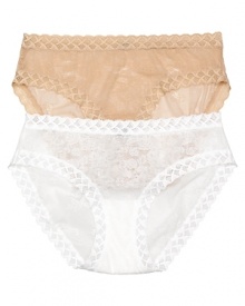 Briefs with geometric lace trim along the waist and leg bands, a flattering style from Natori. Briefs with geometric lace trim along the waist and leg bands, a flattering style from Natori.