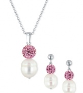 Beautiful in pink. This necklace and earrings set is crafted in sterling silver with cultured freshwater pearls (9-11 mm) and crystals coming together for a captivating look. Approximate length: 18 inches. Approximate drop: 7/8 inch. Approximate drop, earrings: 3/4 inch.