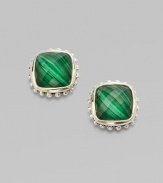 From the Venus Collection. Beautiful faceted malachite stones set in sterling silver. Sterling silver Size, about ½ Monster back with 14k gold post Imported 
