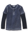 Waffle knit sleeve insets give this weathered henley a bohemian layered look with the bulk.