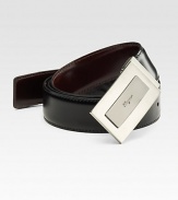 A handsome sporty style in calfskin leather with a signature plaque buckle. About 1¼ wide Made in Italy 