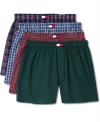 The Great American Boxer Short interpreted here by Tommy Hilfiger in a four-pack wardrobe of great American greens, blues, and reds.