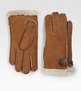 Keep your hands warm in this perforated shearling sheepskin design in soft suede or supple leather with button loop detail. About 8½ long Imported Fur origin: Spain
