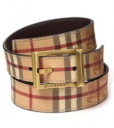 Check belt with Haymarket check on one side and brown leather on the other.
