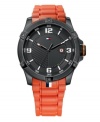 Stay at the top of your game with the high-intensity color of this watch by Tommy Hilfiger. Orange silicone bracelet and round black ion-plated stainless steel case. Black dial features white numerals at twelve, three, six and nine o'clock, stick indices, minute track, date window at three o'clock, luminous hands and iconic flag logo. Quartz movement. Water resistant to 30 meters. Ten-year limited warranty.