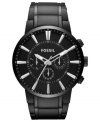 Look bold in black and silver. This chronograph watch from Fossil is a masculine design, boasting expert precision.