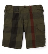 Utility, refined. This handsome cargo short is rendered in a rich check pattern, with button tab beltloops at the hip and a contoured cargo pocket at the left.