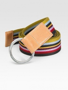 An eye-catching design of bold, multi-striped canvas and leather.PolyesterAbout 1¼ wideImported