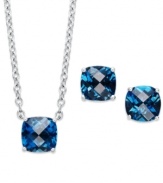 Beautiful blues. This matching jewelry set features a cushion-cut London blue topaz pendant and earrings (7-1/2 ct. t.w.). Set in sterling silver. Approximate length: 18 inches. Approximate drop: 1/4 inch. Approximate diameter: 1/4 inch.