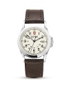 A leather strap lends classic style to this analog quartz watch from Victorinox. Features military time, low battery indicator, date window, luminous hands.