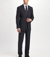 The essential navy suit, a timeless and forever elegant micro design. 98% wool/2% elastane. Dry clean. Made in Italy.JACKETTwo-button closure Notch lapel Chest ticket pocket Waist besom pockets Button cuffs Side vents Fully lined About 30 from shoulder to hemPANTSFlat front, belt loops Zip fly Lined to knee Quarter top pockets Side pockets Button back welt pockets Unfinished hem 