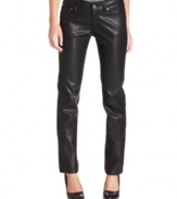 Toughen-up your ensemble with these five-pocket, faux-leather skinny pants from Jou Jou!