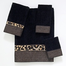 Luxurious sheared velour towel is embellished with a contemporary border featuring cheetah animal print and textured snakeskin fabric combined for a great look. Luxurious sheared velour towel is embellished with a contemporary border featuring cheetah animal print and textured snakeskin fabric combined for a great look.