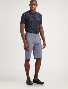 Crisp, clean and sharply tailored in fine Italian cotton, finished in a striped pattern for a resort feel.Flat frontFront slash, back welt pocketsCottonDry cleanMade in Italy Crisp, clean and sharply tailored in fine Italian cotton, finished in a striped pattern for a resort feel.Flat frontFront slash, back welt pocketsCottonDry cleanMade in Italy