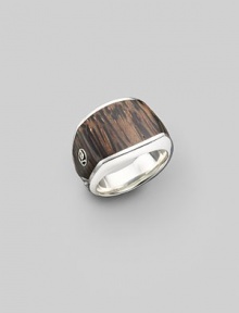 A gleaming, three-sided silver design is offset with inlaid palm wood and a logo accent. About ¾ wide at front Ring, about 1 wide Imported A gleaming, three-sided silver design is offset with inlaid palm wood and a logo accent. About ¾ wide at front Ring, about 1 wide Imported
