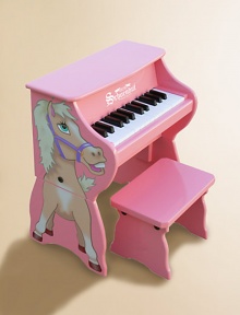 An adorable toddler piano sits on the ground and can easily be raised into an upright as a child grows. For ages 3 and up Horse decoration on one side Makes chime-like piano sounds Songbook included with classic songs Keys spaced to teach proper finger placement Removable color-coordinated strip guides small fingers from chord to chord Hardwood/hardboard 17W X 10¾H X 10½D Imported An adorable toddler piano sits on the ground and can easily be raised into an upright as a child grows. For ages 3 and up Horse decoration on one side Makes chime-like piano sounds Songbook included with classic songs Keys spaced to teach proper finger placement Removable color-coordinated strip guides small fingers from chord to chord Hardwood/hardboard 17W X 10¾H X 10½D Imported