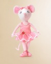 This charming cloth doll has lovely purple eyes and a pink satin bow between her ears, and is dressed in a pink tutu that has a satin bodice and organza and satin skirt with contrasting satin trim. A sash at her waist, satin panties, satin ballet slippers, all in shades of pink, completes this ballerina.About 45W X 17H X 7DRecommended for ages 3 and upWipe with damp clothImported