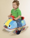 Put the pedal to the metal and rock on this soft, colorful, smiling, chubby stuffed car that sits atop a solid wooden rocker frame.About 16H X 13D X 24LSuitable for ages 1 year and upImported