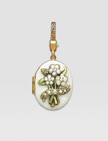 Pearl-look CRYSTALLIZED - Swarovski Elements sparkle on this handcrafted, hand-enameled birthstone locket that opens to hold a favorite photo. Crystal Enamel 18k goldplated brass & brass-plated pewter Month indicated on the back Length, about 1¼ Width, about 1 Spring clip clasp Made in USA