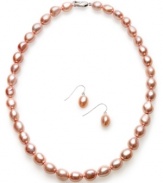 Blushing beauties. This elegant jewelry set from Fresh by Honora highlights rose-hued cultured freshwater pearls (8-10 mm). Necklace and earrings set in sterling silver and silk cord. Approximate length: 18 inches. Approximate drop: 1 inch.
