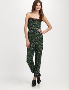 Pretty, floral-print silk trimmed with sheer lace makes a season-perfect jumpsuitSpaghetti strapsStraight necklineElastic waistCenter back zipperRise, about 10Inseam, about 28SilkDry cleanMade in USA of imported fabricModel shown is 5'10; (177cm) wearing US size 4. Pretty, floral-print silk trimmed with sheer lace makes a season-perfect jumpsuitSpaghetti strapsStraight necklineElastic waistCenter back zipperRise, about 10Inseam, about 28SilkDry cleanMade in USA of imported fabricModel shown is 5'10; (177cm) wearing US size 4.