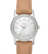 Enduring simplicity from DKNY. A watch with rich leather and shimmering crystal accents.