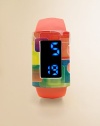 This delightful concept offers a smart, solid color digital watch paired with a splashy bezel cover that snaps on to change the look in an instant.Interchangeable geometric design coverBold pushbutton LED display with time, date and minutesLightweightWater-resistantSilicone strapPlastic case and coverSmall size: Children under 12Medium size: Children 12 and upImported