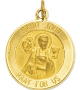 Keep your faith close to your heart. This intricate medal charm features a divine depiction, as well as the words: Saint John Pray For Us in 14k gold. Chain not included. Approximate length: 9/10 inch. Approximate width: 6/10 inch.