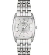 A lovely watch with everyday luster, from Bulova. Silvertone stainless steel bracelet and cushion-shaped case. Rectangular silvertone textured dial with logo and stick indices. Quartz movement. Water resistant to 30 meters. 3-year limited warranty.