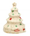 Have yourself a merry little Christmas tree. Ivory porcelain boughs pierced with green stars reveal a light that glows from within. Red bows, gingerbread men and gold trimmings add to the graceful Lenox collectible.