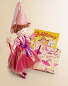 A 18 cloth doll with brown eyes, pink circles on her cheeks, a big pink smile and Tosca yarn pigtails and bangs. Dressed in a princess frock with magenta and light pink bodice, an iridescent pink over skirt and full puffed sleeves, the doll is finished with a pink satin hennin, princess hat, an attached veil, ballet slippers and satin star ward.Standing height, 18 Cotton and tricot Dry clean Recommended for infants and older Imported