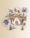 This heirloom quality children's set features a collection of Cicely Mary Barker's Flower Fairies. Each porcelain piece is hand-embellished in 22k gold. Set includes four plates, four tea cups & saucers, one tall tea pot, sugar & creamer and four stainless steel spoons all beautifully and safely stored in a fabric-lined trunk case.Beautifully gift boxed, 15W X 12H X 7DPorcelainPlate, 6DTea cup, 3 oz. 