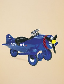 What little boy wouldn't love to play pilot in this vintage model painted brilliant blue with a checkered trim and bright yellow nose? All metal construction Padded seat Rubber-edged wheels Pedal operation 24H X 44W X 45D Imported Recommended for ages 3-5