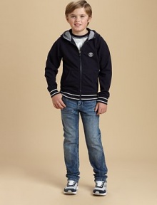 Stonewashed and faded, subtly distressed and whiskered, with a perfect slim fit.Button waist with belt loopsZip flyFront scoop pockets and angled coin pocket with rivetsBack patch pockets, one with embroidered logoSlim fit98% cotton/2% elastaneMachine washImported Stonewashed and faded, subtly distressed and whiskered, with a perfect slim fit.Button waist with belt loopsZip flyFront scoop pockets and angled coin pocket with rivetsBack patch pockets, one with embroidered logoSlim fit98% cotton/2% elastaneMachine washImported