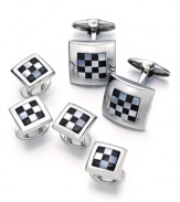 Speed and style combine on this trendy men's jewelry set. Includes two studs and matching cufflinks with an onyx (11-3/4 ct. t.w.) and Mother of Pearl checkerboard pattern. Set in sterling silver. Approximate diameter (cuff links): 5/8 inch. Approximate diameter (studs): 7/16 inch.