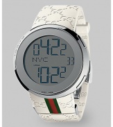 From the I-Gucci Collection. Two times can be displayed at once, in bold numbers on this sleek dial that offers the option of a digital or analog display. Digital quartz movement Water-resistant to 3ATM Stainless steel case and bezel Integrated crowns Round case; 44mm diameter (1.73) Scratch-resistant sapphire crystal Silver dial with blue display Arabic numeralsEmbossed white rubber strap with signature green-red-green detail Made in Switzerland