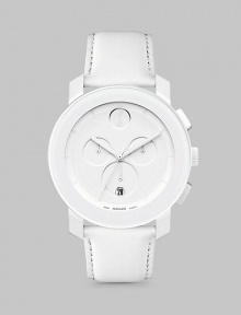 A sleek and modern timepiece designed with a minimalist style, all-white design and Swiss quartz precision. Round bezel Quartz movement Water resistant to 3 ATM Date function at 6 o'clock Second hand Stainless steel/composite case: 43.5mm (1.71) Leather strap Imported 